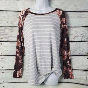 Maurices 24/7 Women's Top Small Striped Floral Raglan Sleeve Soft Stretch Knit S